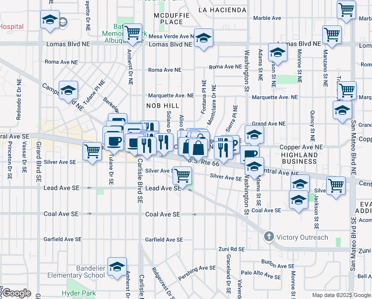 map of restaurants, bars, coffee shops, grocery stores, and more near 204 Aliso Drive Northeast in Albuquerque