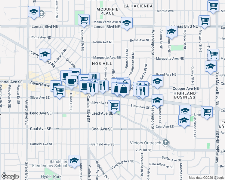 map of restaurants, bars, coffee shops, grocery stores, and more near 204 Aliso Drive Northeast in Albuquerque