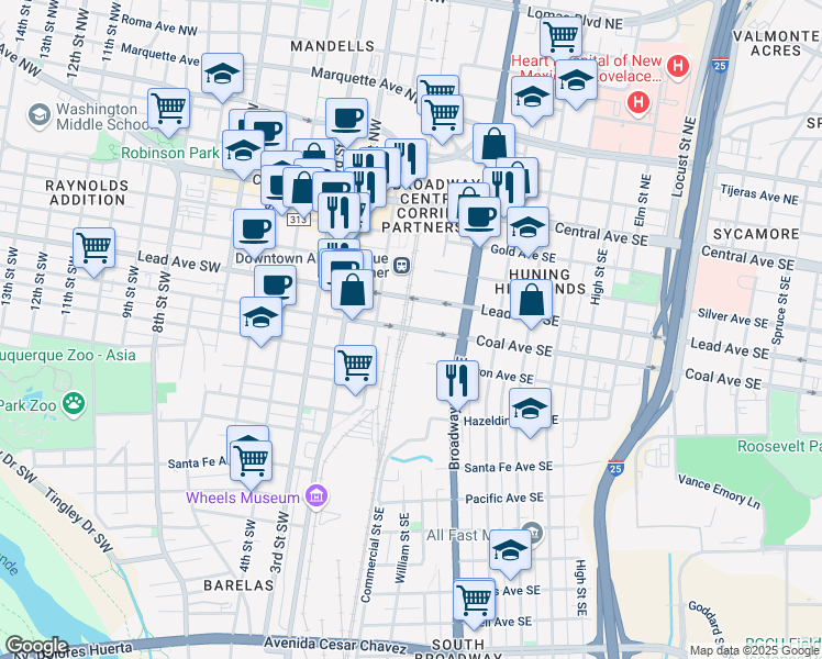 map of restaurants, bars, coffee shops, grocery stores, and more near 406 John Street Southeast in Albuquerque