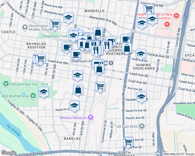 map of restaurants, bars, coffee shops, grocery stores, and more near in Albuquerque
