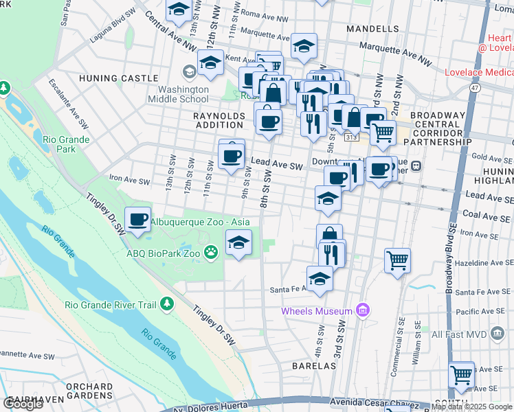 map of restaurants, bars, coffee shops, grocery stores, and more near 523 8th Street Southwest in Albuquerque