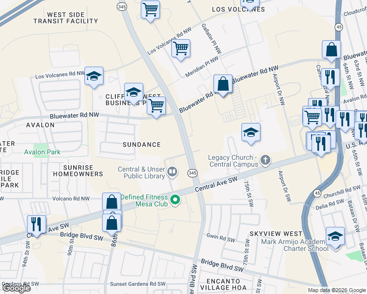 map of restaurants, bars, coffee shops, grocery stores, and more near 300 Unser Boulevard Northwest in Albuquerque