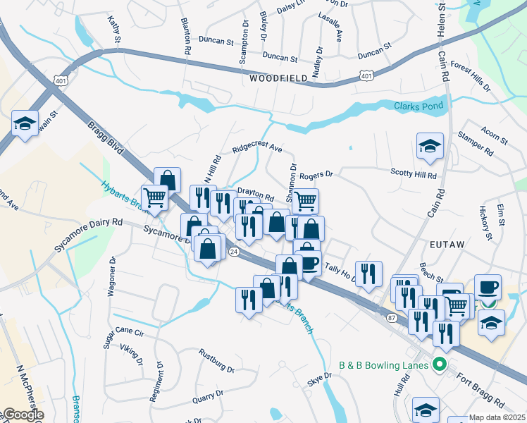 map of restaurants, bars, coffee shops, grocery stores, and more near 824 Carol Street in Fayetteville