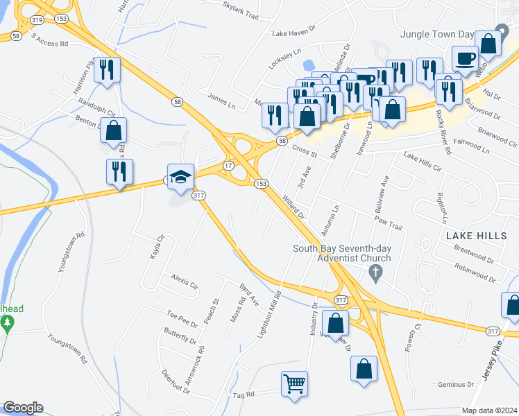 map of restaurants, bars, coffee shops, grocery stores, and more near 4121 Wilkesview Drive in Chattanooga