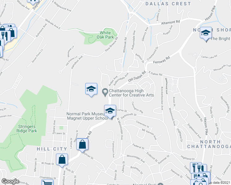 map of restaurants, bars, coffee shops, grocery stores, and more near 715 Old Dallas Road in Chattanooga