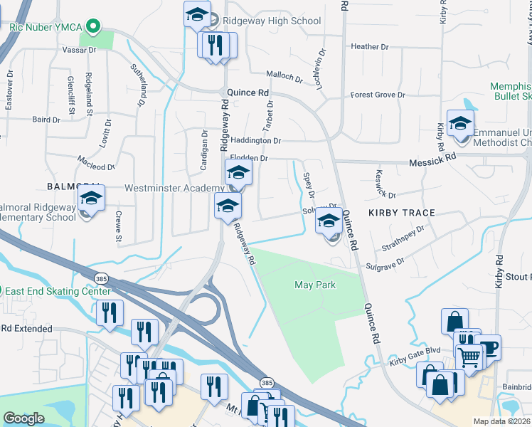 map of restaurants, bars, coffee shops, grocery stores, and more near 6215 Tarbet Cove in Memphis