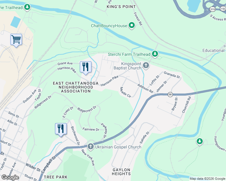 map of restaurants, bars, coffee shops, grocery stores, and more near 2437 Meade Circle in Chattanooga