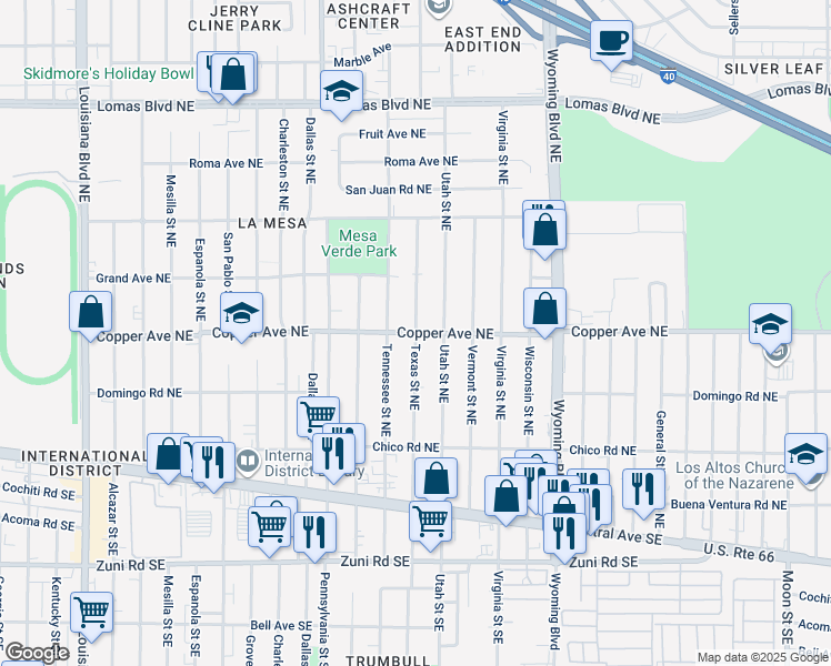 map of restaurants, bars, coffee shops, grocery stores, and more near Copper Ave NE & Texas St NE in Albuquerque