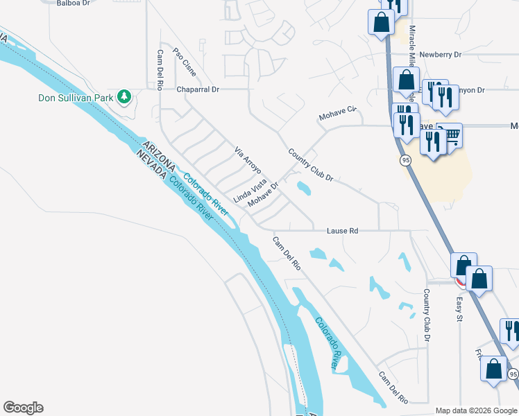 map of restaurants, bars, coffee shops, grocery stores, and more near 1207 Mohave Drive in Bullhead City