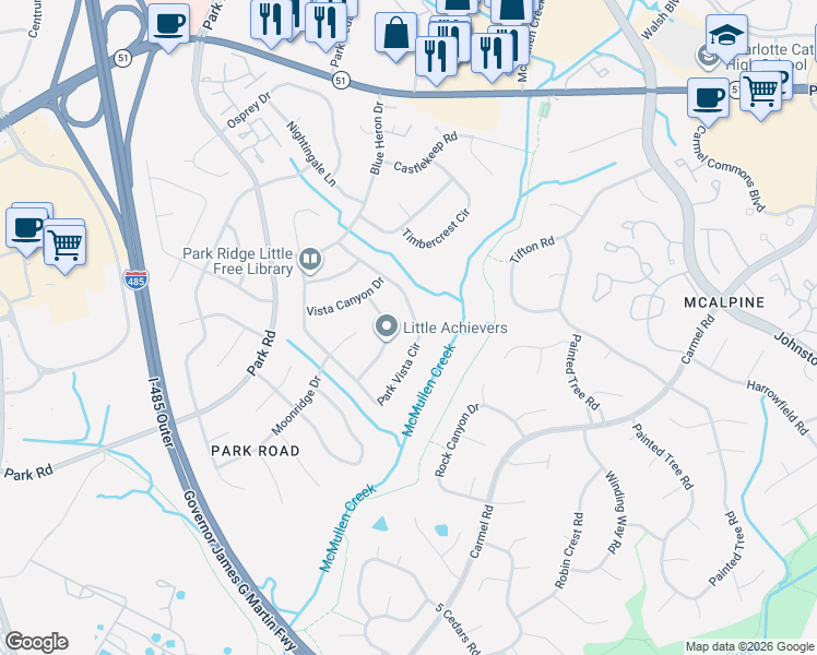 map of restaurants, bars, coffee shops, grocery stores, and more near 8224 Park Vista Circle in Charlotte