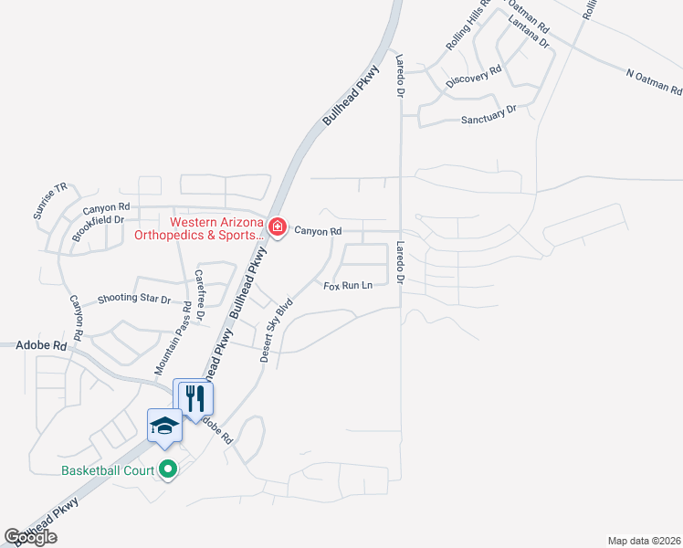 map of restaurants, bars, coffee shops, grocery stores, and more near 2533 Bridlewise Lane in Bullhead City