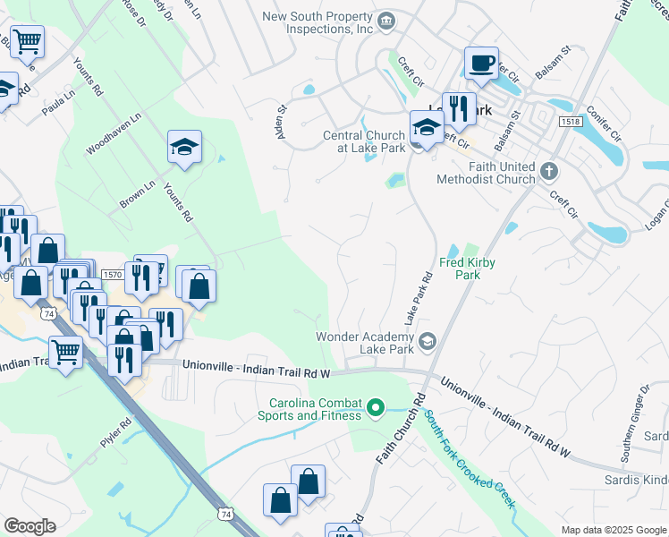 map of restaurants, bars, coffee shops, grocery stores, and more near 3507 Brookstone Trail in Indian Trail