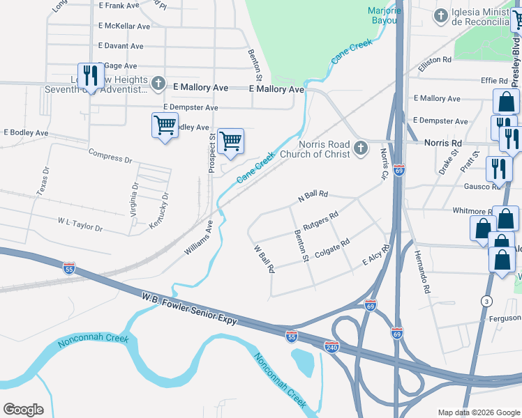 map of restaurants, bars, coffee shops, grocery stores, and more near 872 North Ball Road in Memphis