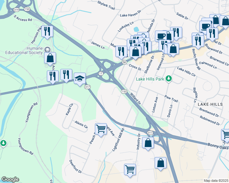 map of restaurants, bars, coffee shops, grocery stores, and more near 4121 Wilkesview Drive in Chattanooga