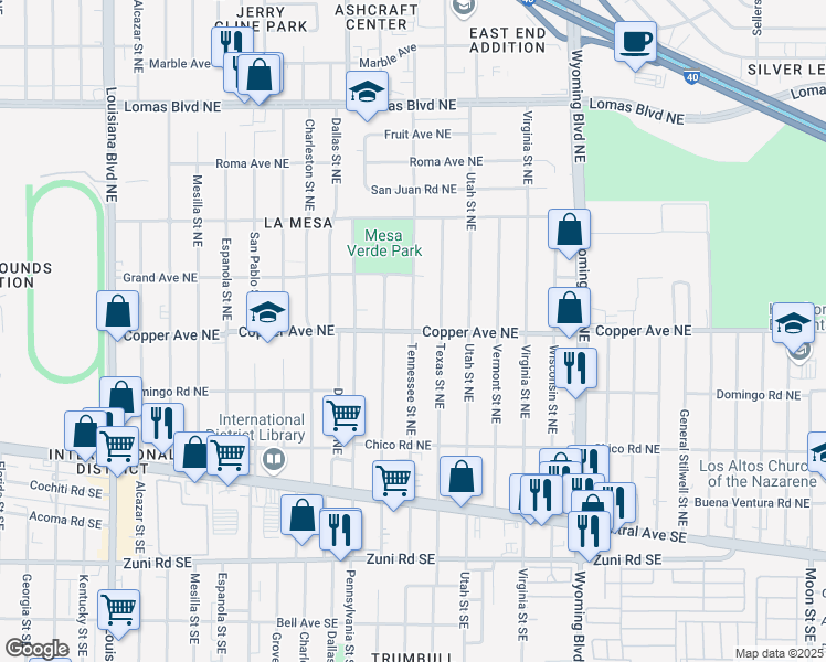 map of restaurants, bars, coffee shops, grocery stores, and more near Copper Ave NE & Tennessee St NE in Albuquerque