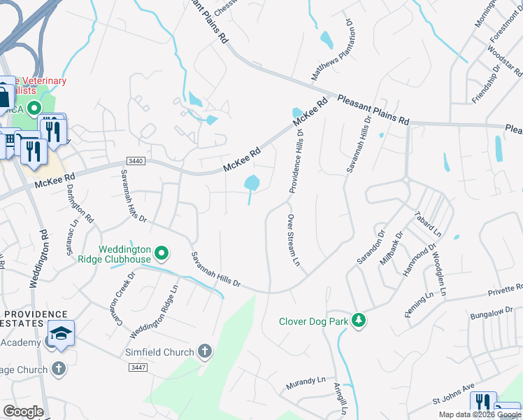 map of restaurants, bars, coffee shops, grocery stores, and more near 3007 Providence Hills Drive in Matthews
