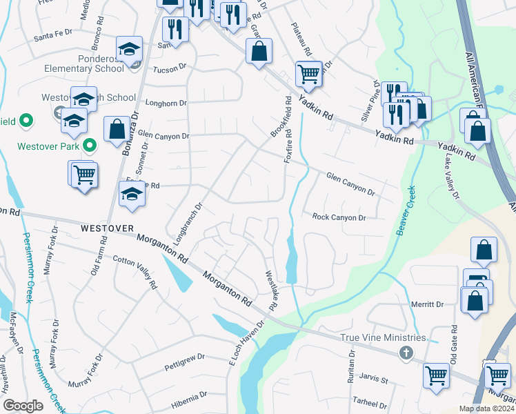 map of restaurants, bars, coffee shops, grocery stores, and more near 5222 Foxfire Road in Fayetteville