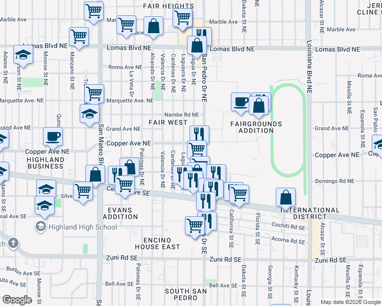 map of restaurants, bars, coffee shops, grocery stores, and more near 237 San Pedro Drive Northeast in Albuquerque
