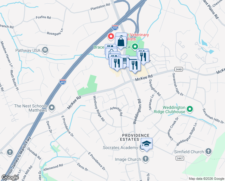 map of restaurants, bars, coffee shops, grocery stores, and more near 2533 McKee Road in Charlotte