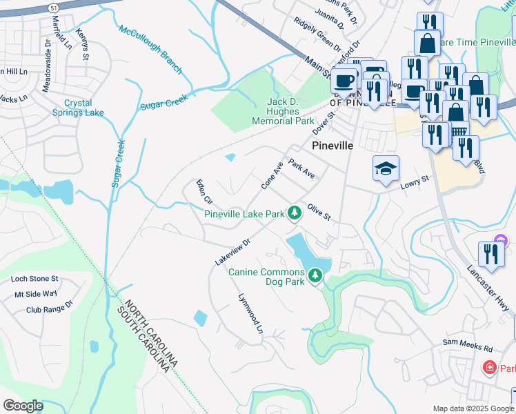 map of restaurants, bars, coffee shops, grocery stores, and more near 905 Cone Avenue in Pineville