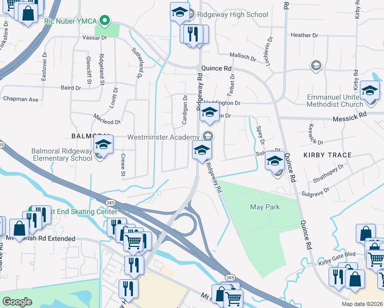 map of restaurants, bars, coffee shops, grocery stores, and more near 2524 Cardigan Drive in Memphis