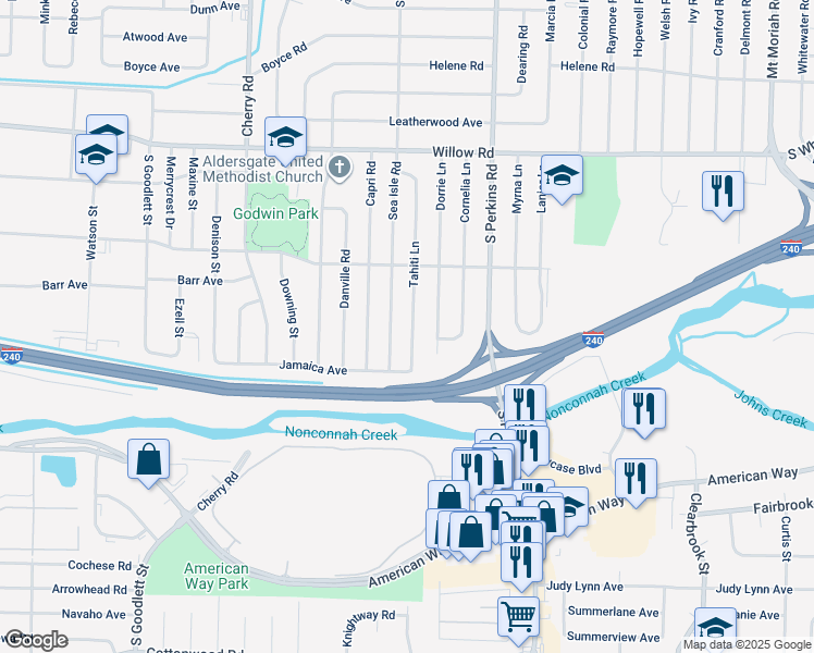 map of restaurants, bars, coffee shops, grocery stores, and more near 1889 Tahiti Lane in Memphis