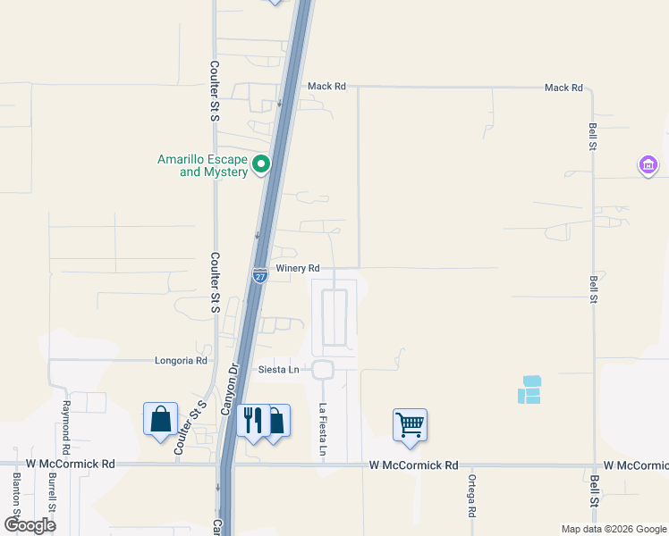 map of restaurants, bars, coffee shops, grocery stores, and more near 151 Winery Road in Amarillo