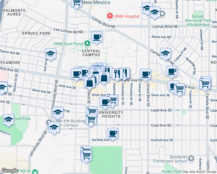map of restaurants, bars, coffee shops, grocery stores, and more near 107 Stanford Drive Southeast in Albuquerque