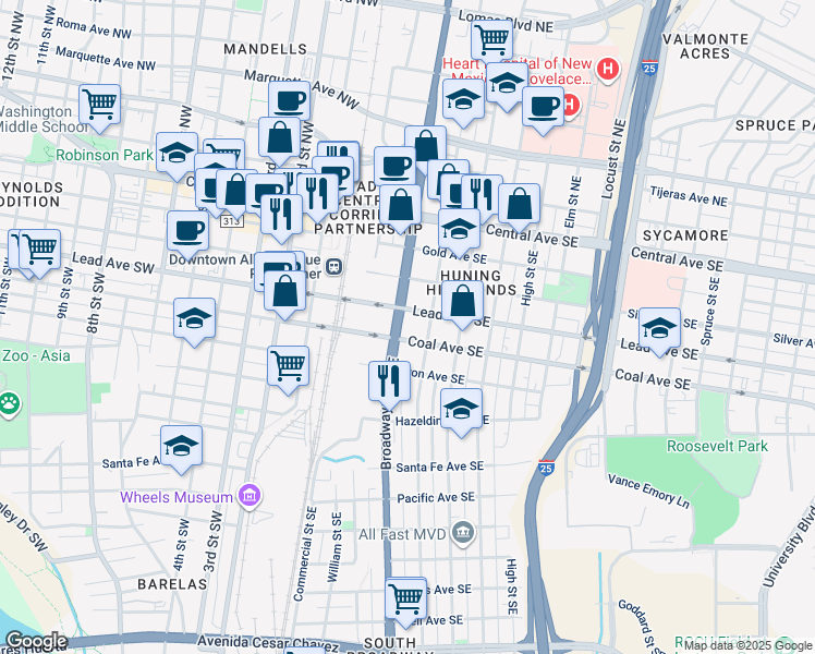 map of restaurants, bars, coffee shops, grocery stores, and more near 407 Broadway Boulevard Southeast in Albuquerque