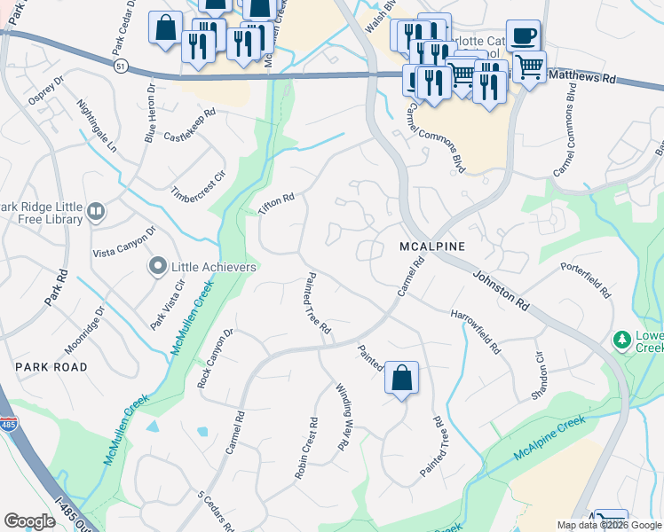map of restaurants, bars, coffee shops, grocery stores, and more near 11046 Harrowfield Road in Charlotte