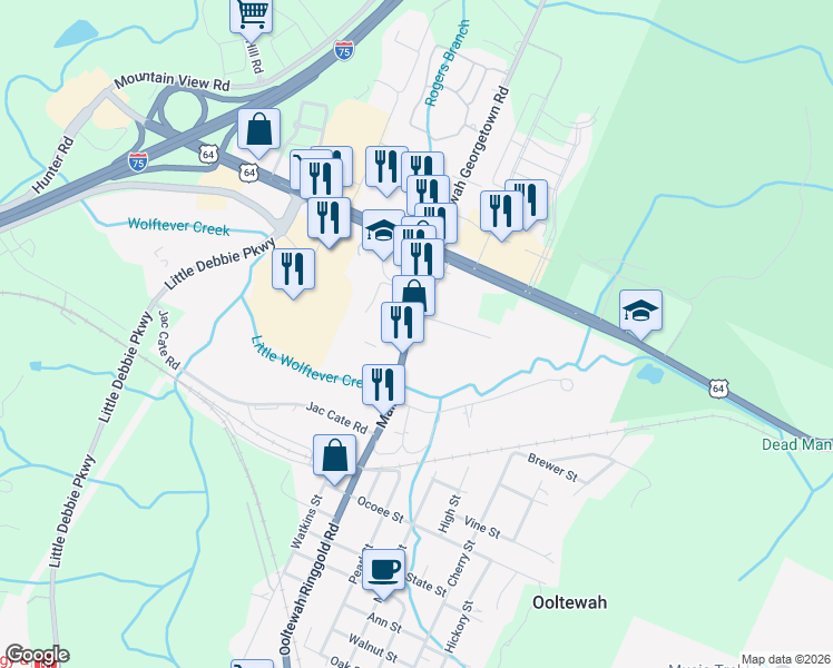 map of restaurants, bars, coffee shops, grocery stores, and more near 5900-5998 Ooltewah-Ringgold Rd in Ooltewah