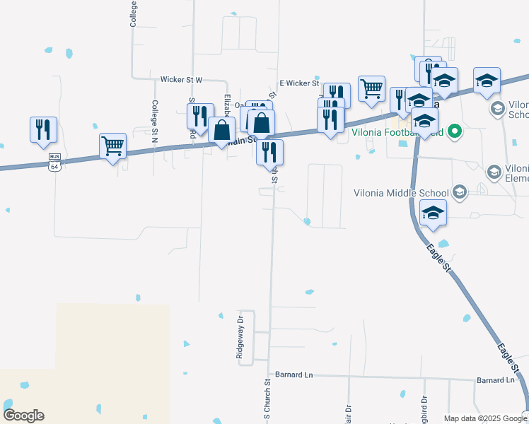 map of restaurants, bars, coffee shops, grocery stores, and more near 28c South Church Street in Vilonia