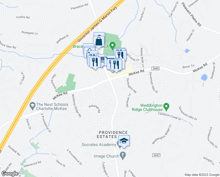 map of restaurants, bars, coffee shops, grocery stores, and more near 3547 Laurenhurst Lane in Charlotte