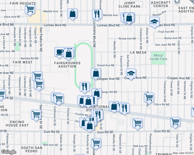 map of restaurants, bars, coffee shops, grocery stores, and more near 300 Louisiana Boulevard Northeast in Albuquerque