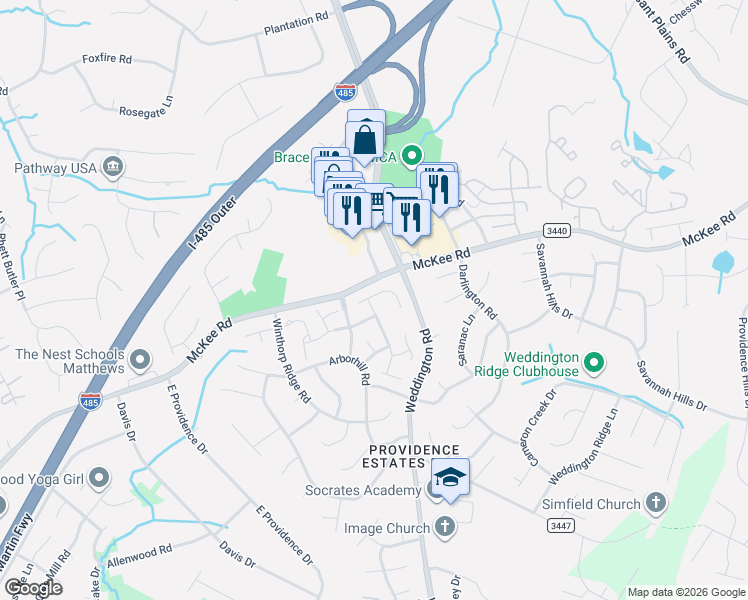map of restaurants, bars, coffee shops, grocery stores, and more near 3437 Laurenhurst Lane in Charlotte