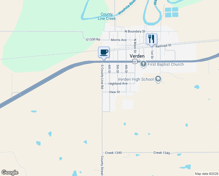 map of restaurants, bars, coffee shops, grocery stores, and more near 302 6th Street in Verden