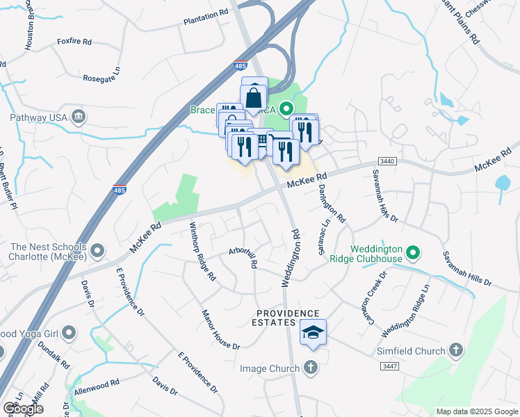 map of restaurants, bars, coffee shops, grocery stores, and more near 3437 Laurenhurst Lane in Charlotte