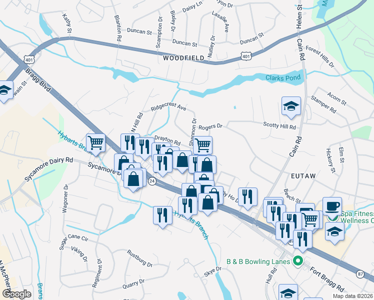 map of restaurants, bars, coffee shops, grocery stores, and more near 3502 Drayton Road in Fayetteville