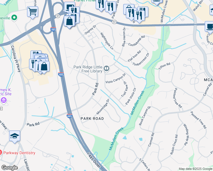 map of restaurants, bars, coffee shops, grocery stores, and more near 7711 Park Vista Circle in Charlotte