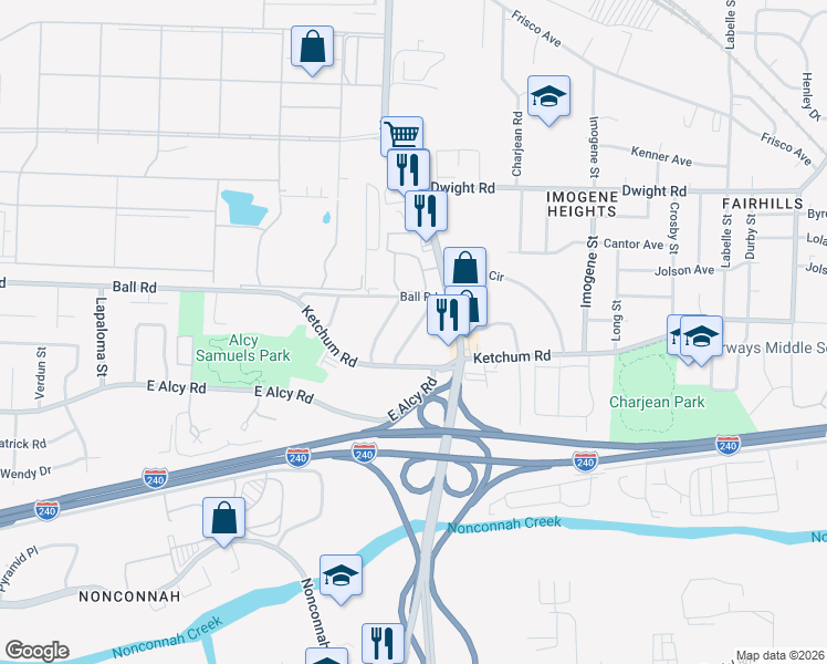 map of restaurants, bars, coffee shops, grocery stores, and more near 2381 Lindbergh Road in Memphis