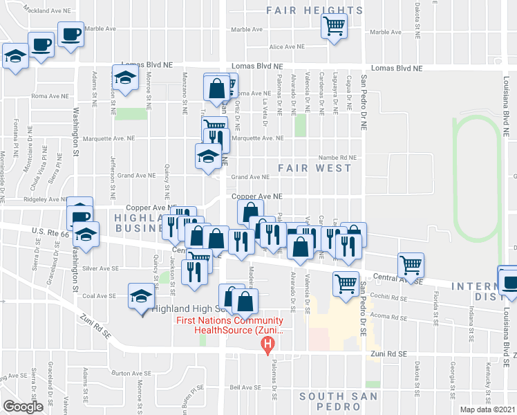 map of restaurants, bars, coffee shops, grocery stores, and more near 5500 Copper Avenue Northeast in Albuquerque