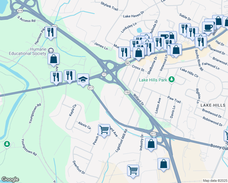 map of restaurants, bars, coffee shops, grocery stores, and more near 4131 Wilkesview Drive in Chattanooga