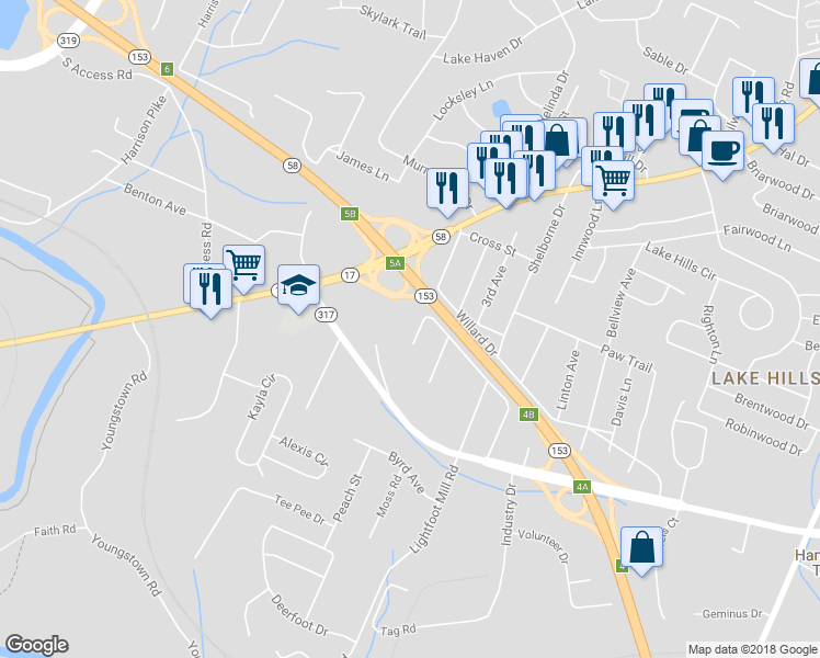 map of restaurants, bars, coffee shops, grocery stores, and more near 4121 Wilkesview Drive in Chattanooga