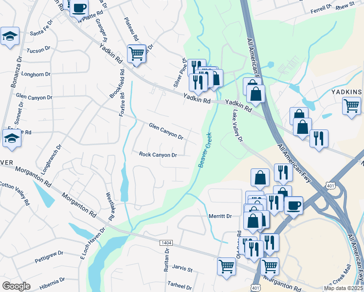 map of restaurants, bars, coffee shops, grocery stores, and more near 540 Glen Canyon Drive in Fayetteville