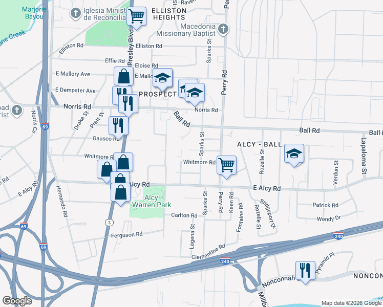 map of restaurants, bars, coffee shops, grocery stores, and more near 1494 Gausco Road in Memphis