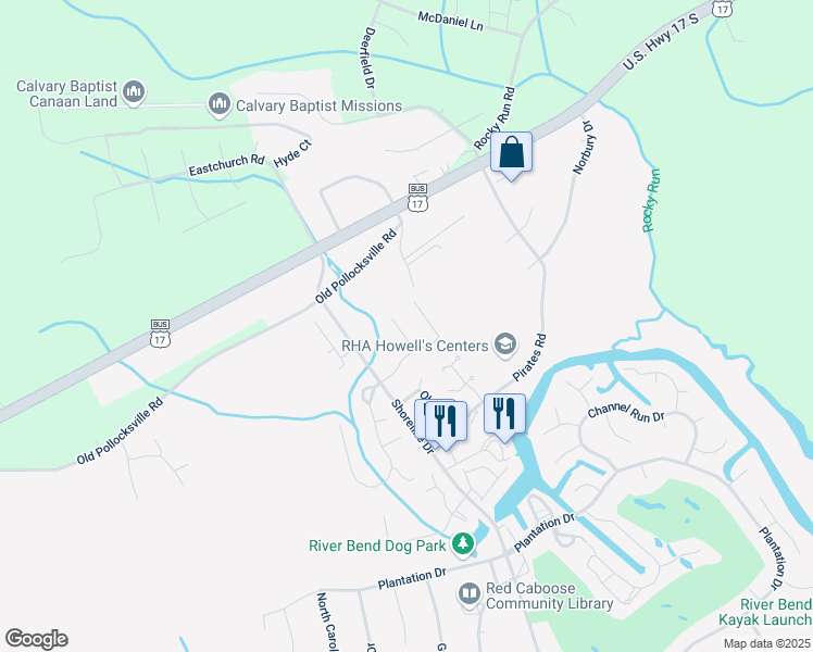 map of restaurants, bars, coffee shops, grocery stores, and more near 26 Masters Court Drive in New Bern