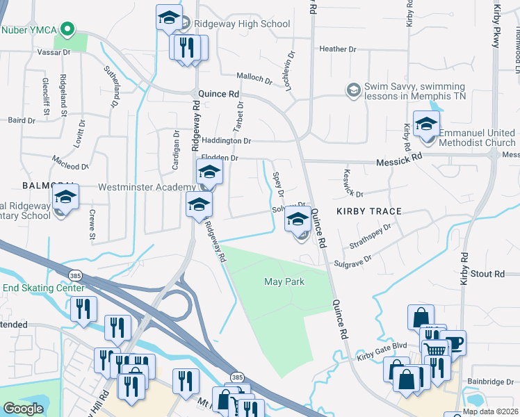 map of restaurants, bars, coffee shops, grocery stores, and more near 2498 Ayrshire Cove in Memphis
