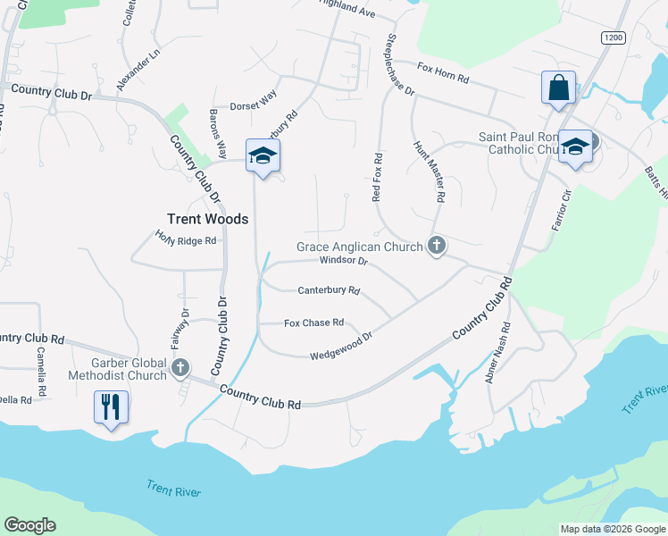 map of restaurants, bars, coffee shops, grocery stores, and more near 3419 Windsor Drive in Trent Woods