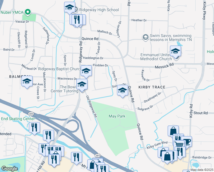 map of restaurants, bars, coffee shops, grocery stores, and more near 2498 Ayrshire Cove in Memphis