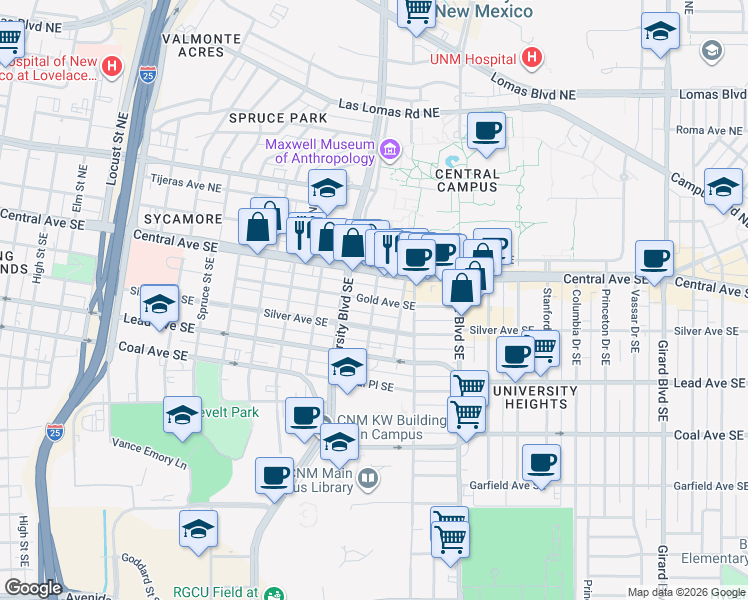map of restaurants, bars, coffee shops, grocery stores, and more near Gold Ave SE & Mesa St SE in Albuquerque